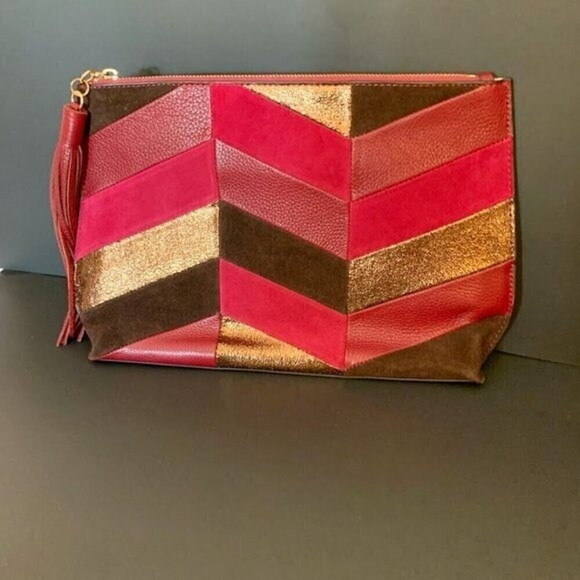 Sam Edelman Chevron Walker Suede Leather Boho Tribal Indie Clutch Bag - Picture 3 of 11